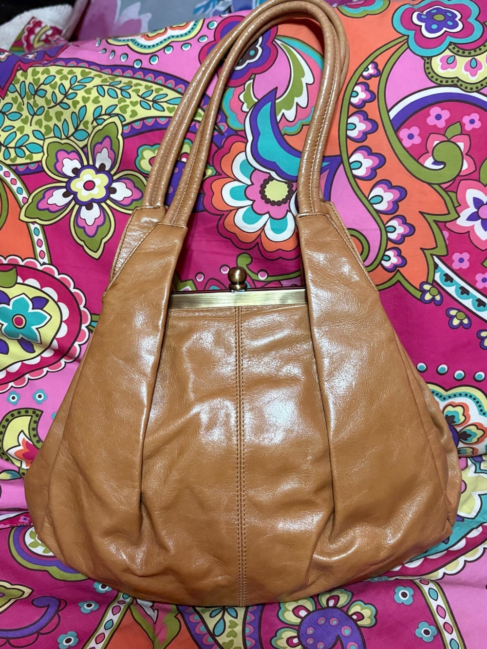 HOBO International Whisky Brown Leather Pushlock Frame Shoulder Bag